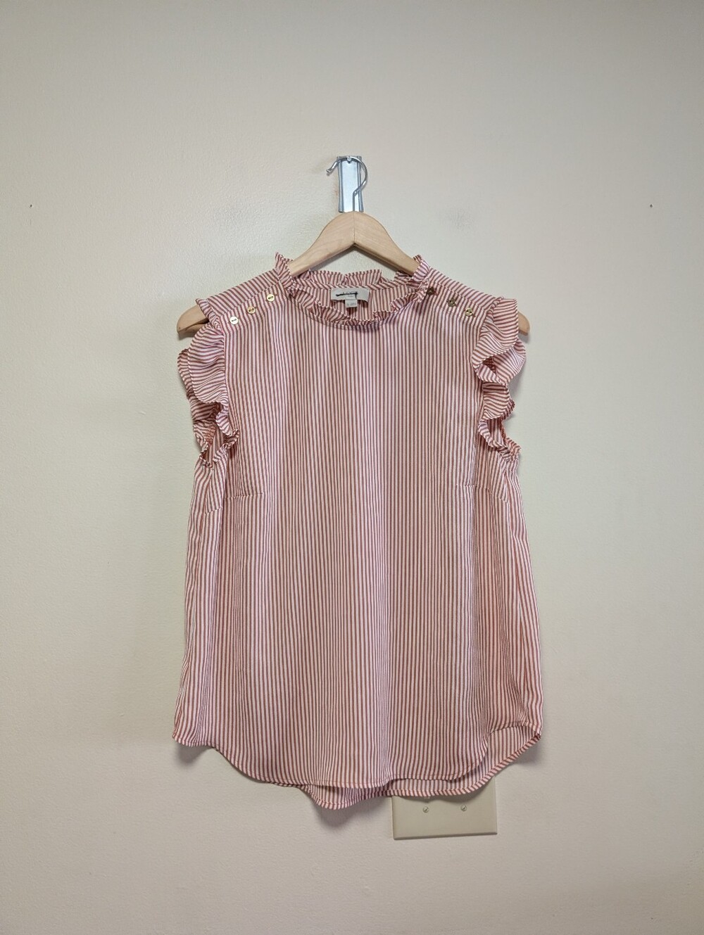 LOFT Ruffle Sleeve Striped Blouse Small Gold Button Feminine Preppy
